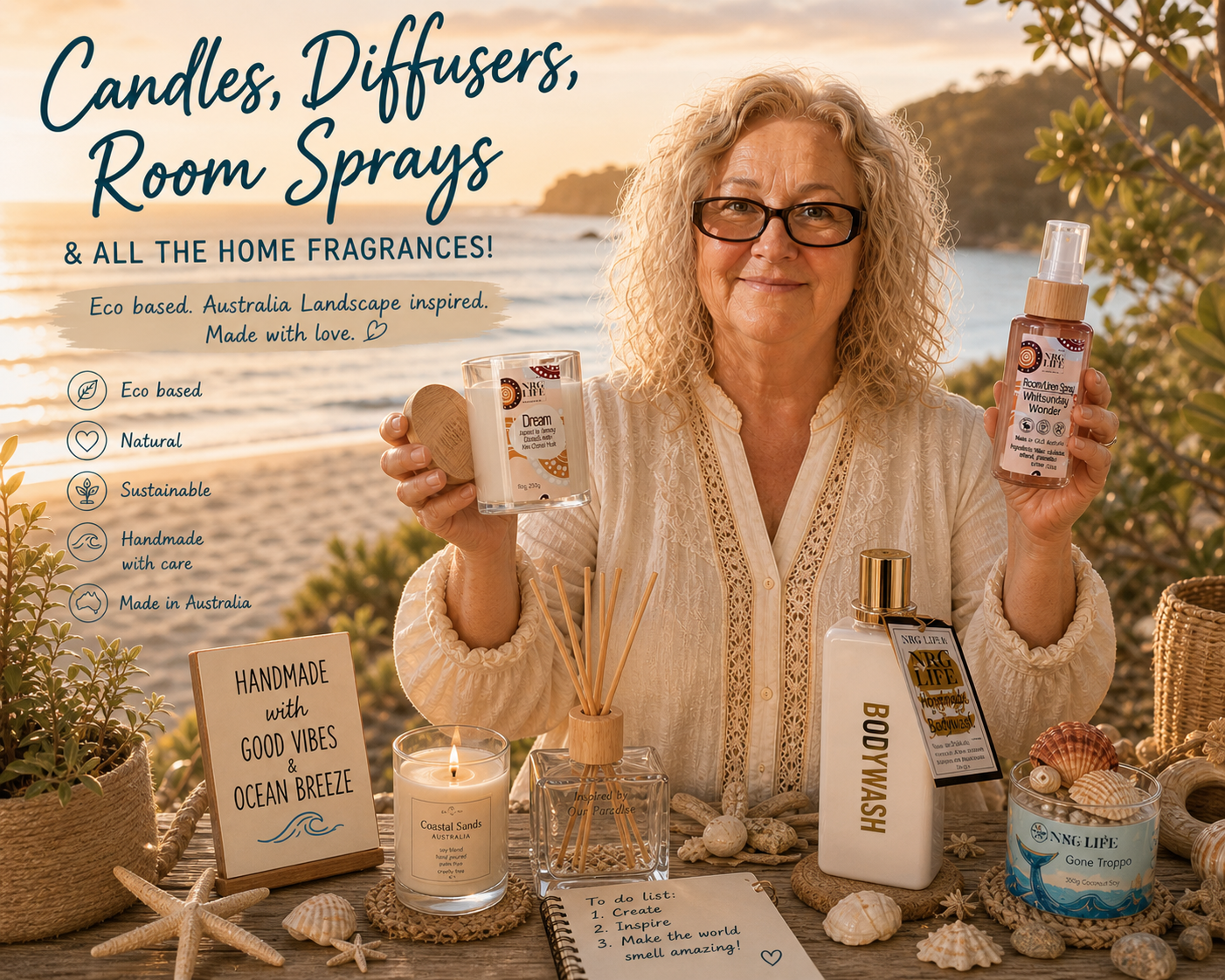 Woman holding home fragrance products with scenic background