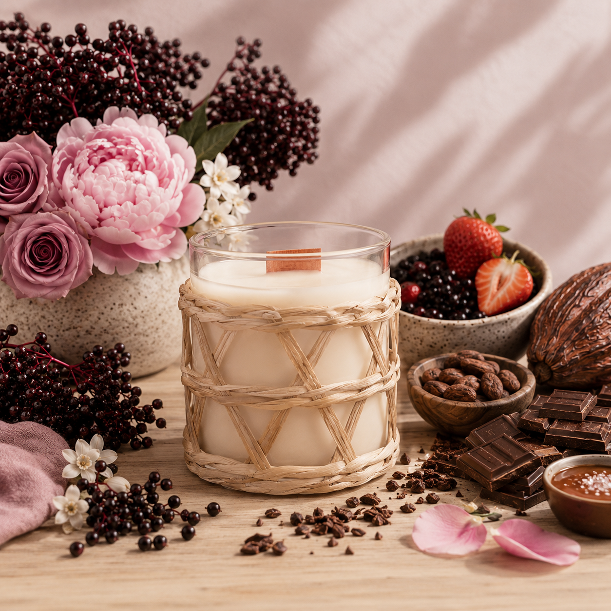 Elderberry Cacao candle in a woven rattan wrap on a wooden table styled with chocolate, berries, roses and peonies