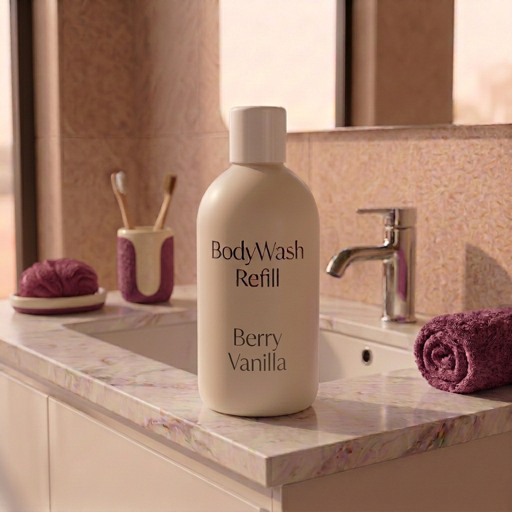500ml Berry Vanilla Coconut Body Wash Refill. White container and cap with generic writing sitting on a bathroom vanity.