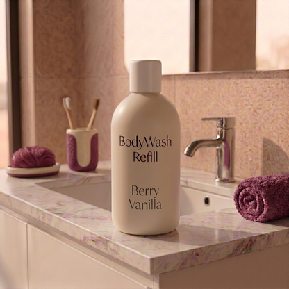 500ml Berry Vanilla Coconut Body Wash Refill. White container and cap with generic writing sitting on a bathroom vanity.