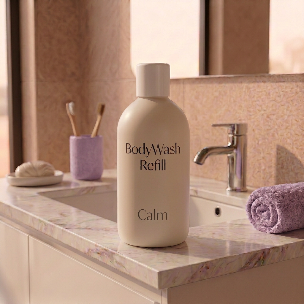 500ml Calm Refill Coconut Body Wash with a white bottle and cap, generic writing.