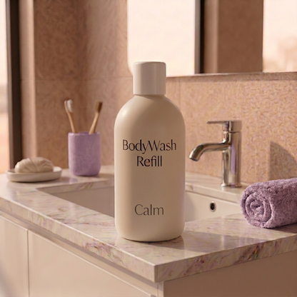 500ml Calm Refill Coconut Body Wash with a white bottle and cap, generic writing.