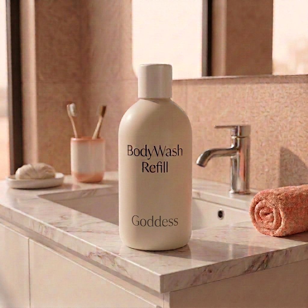 500ml Goddess body wash refill. White container and cap with generic wording.