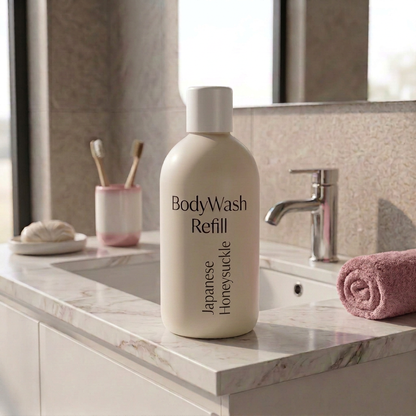 500ml Japanese Honeysuckle, Coconut Body Wash in a white bottle and cap, with generic wording.