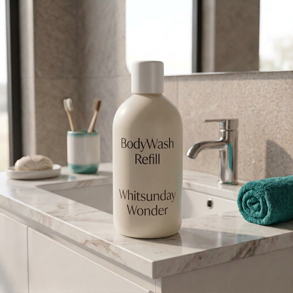Whitsunday Wonder refill bottle with tropical turquoise bathroom accents.
