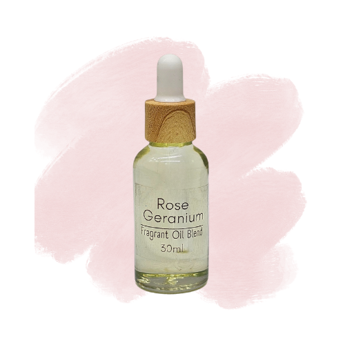 Rose Geranium fragrant diffuser oil blend bottle with dropper on a white background.
