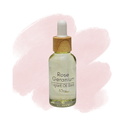 Rose Geranium fragrant diffuser oil blend bottle with dropper on a white background.