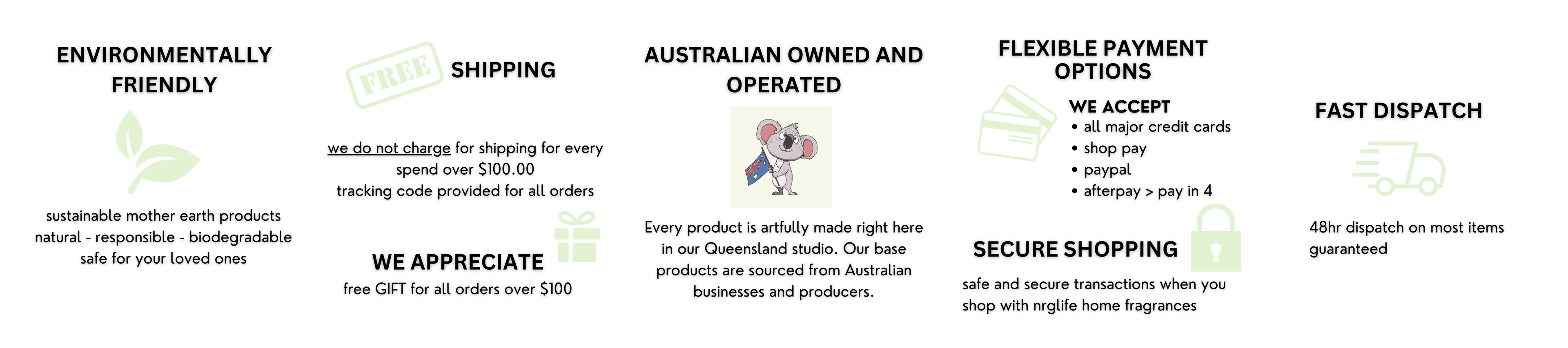 List of features including environmentally friendly shipping, Australian ownership, flexible payment options, fast dispatch, and secure shopping.