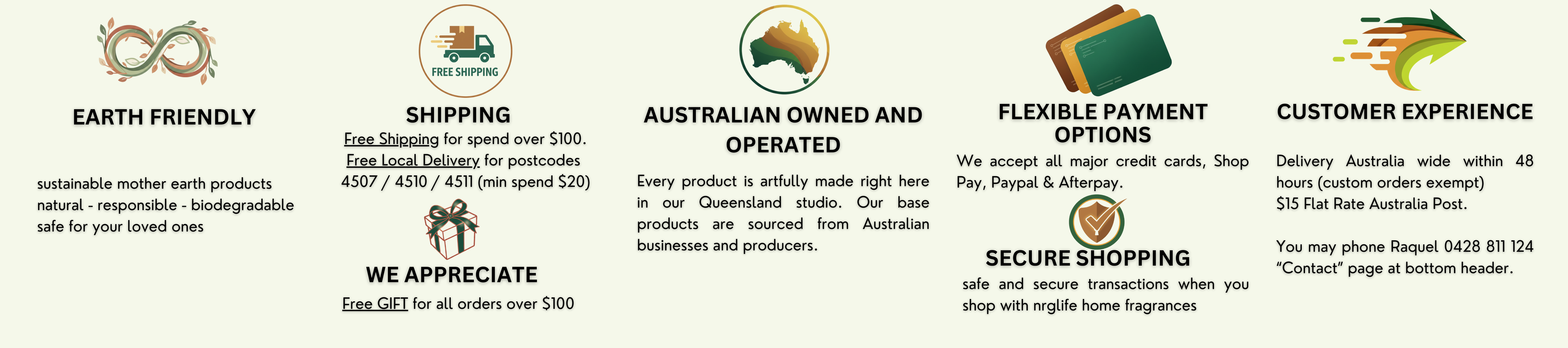 Logos and text about Earth Friendly products, shipping, Australian ownership, payment options, and customer experience.