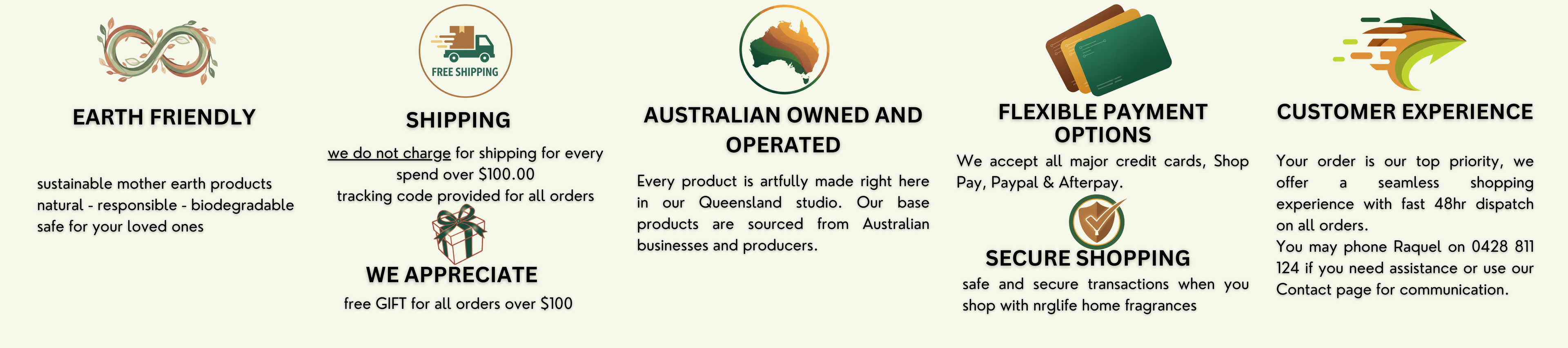 Promotional text highlighting various features of a product or service, including sustainability, shipping, ownership, payment options, and customer experience.