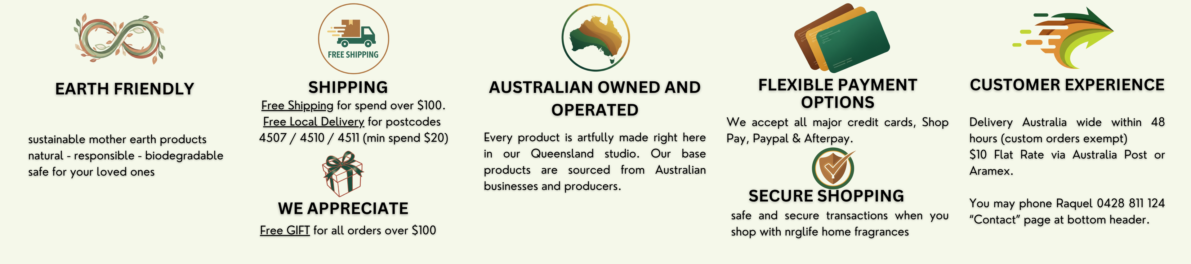 Logos and text about sustainability, shipping, Australian ownership, payment options, security, and customer experience on a white background.