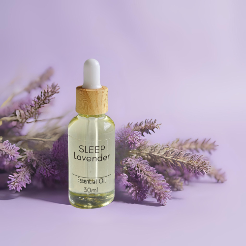30ml Sleep lavender essential oil bottle with dropper on a purple background with lavender flowers.