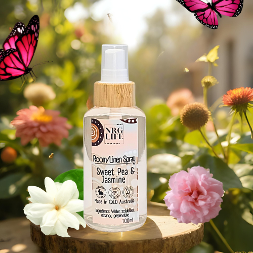 Room/Linen Spray bottle with butterflies and flowers in the background
