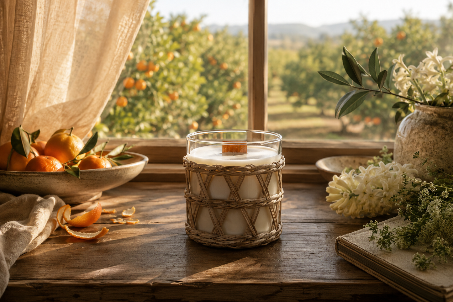 Candle in a rattan weave holder on a wooden surface with a window view of oranges and greenery.