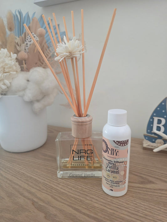 Diffuser with reeds and a refill bottle (extra) on a wooden surface.