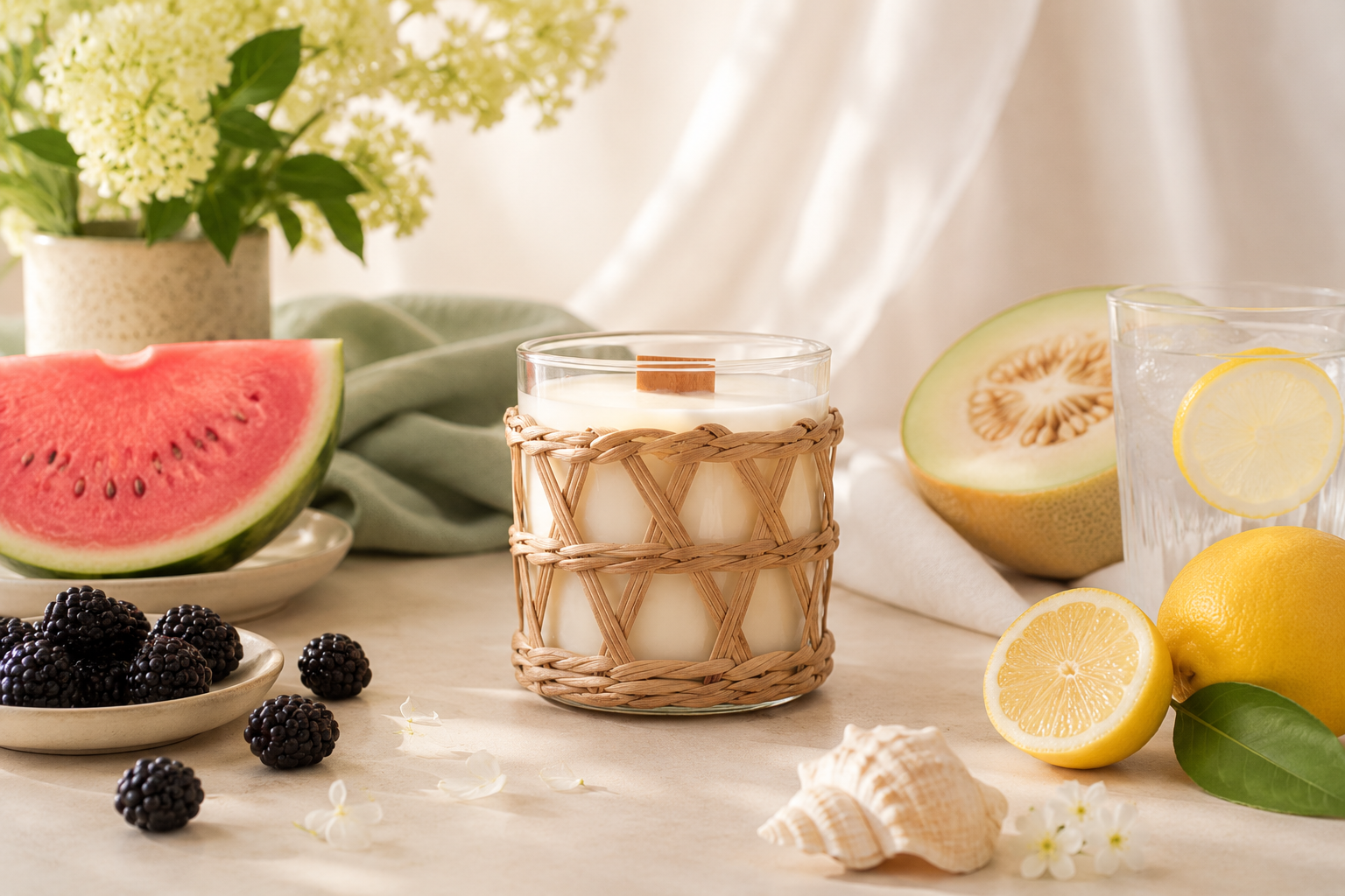 Candle in a woven holder with the scent watermelon splash. It's surrounded by fruits and flowers on a table with filtered light from a window.
