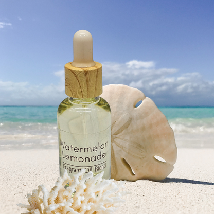 Bottle of 'Watermelon Splash' fragrant diffuser oil blend with a sand dollar on a beach.