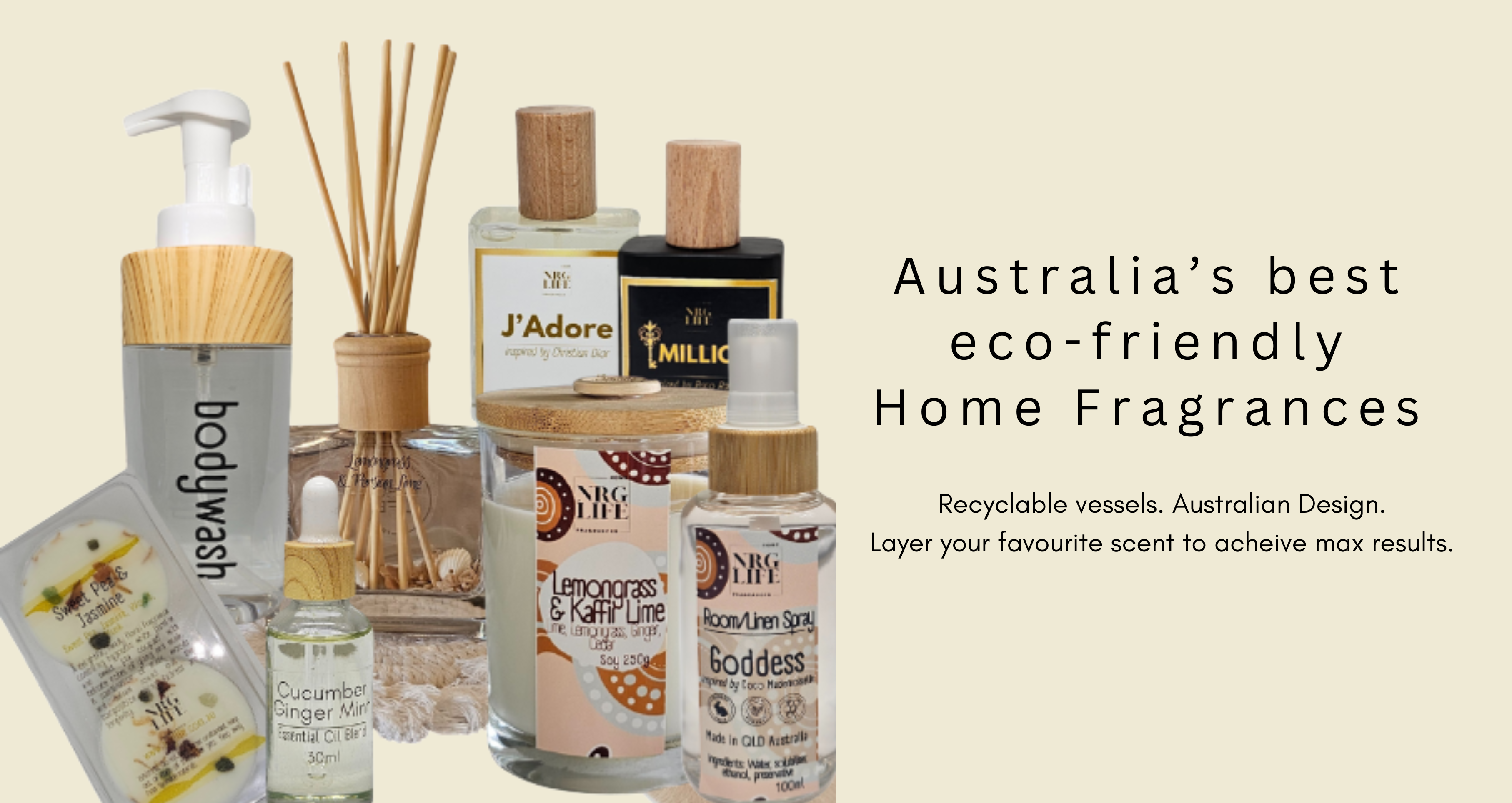 Collection of eco-friendly home fragrance products with text on a beige background