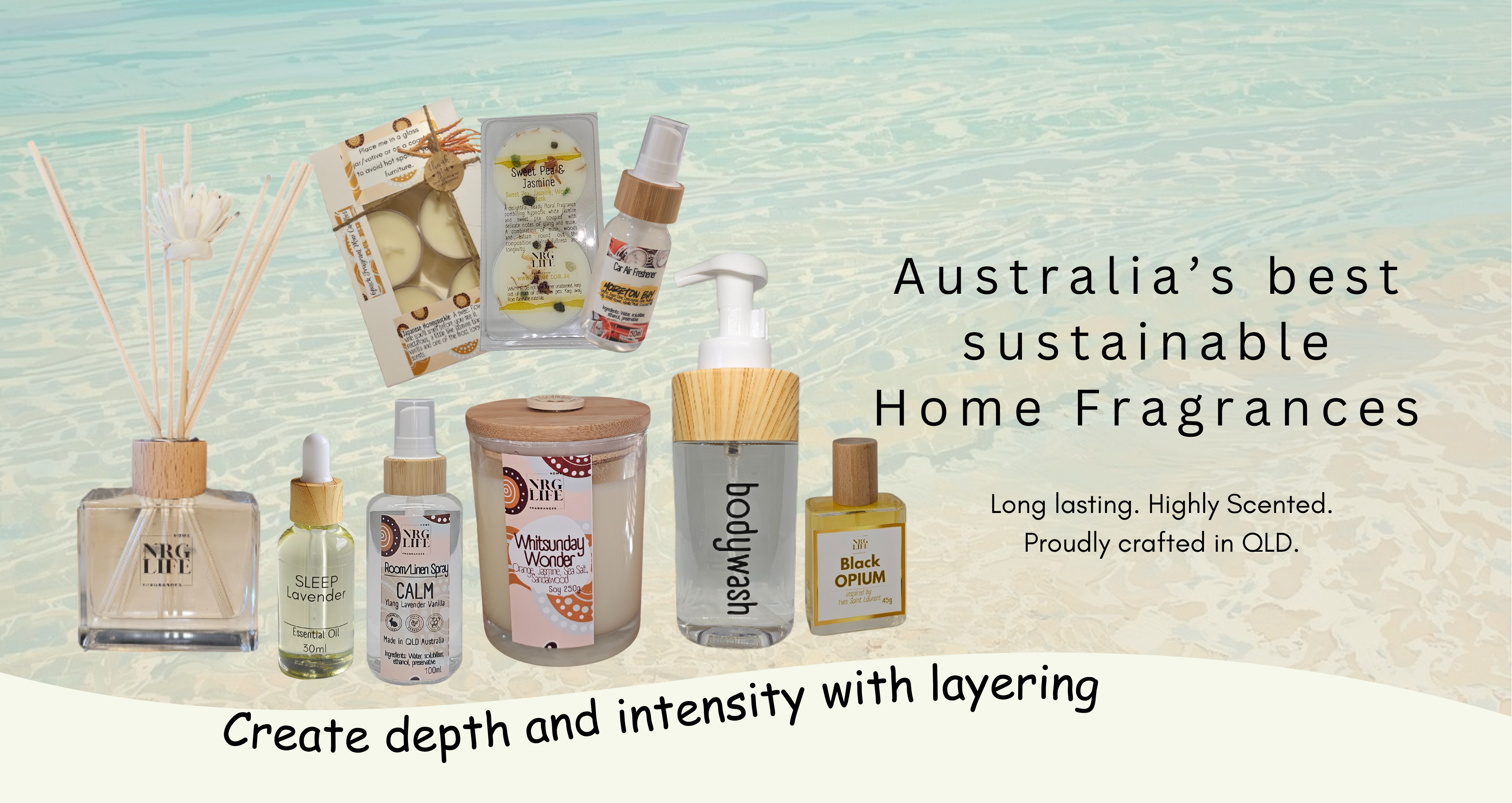 Collection of home fragrance products with text highlighting sustainability and quality.