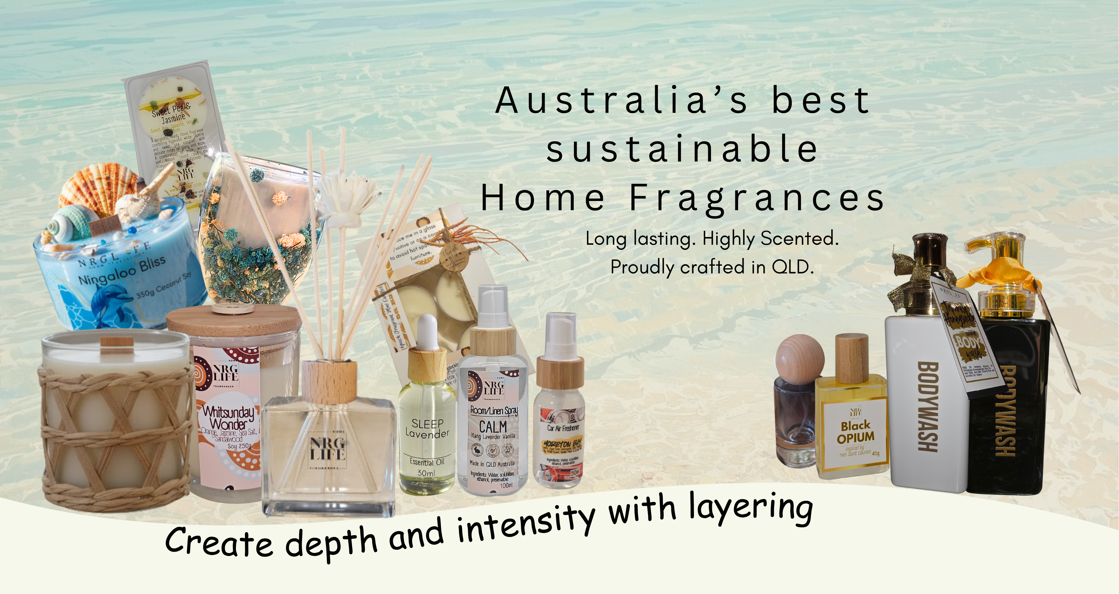 Collection of home fragrance products with a beach background and text about sustainability.