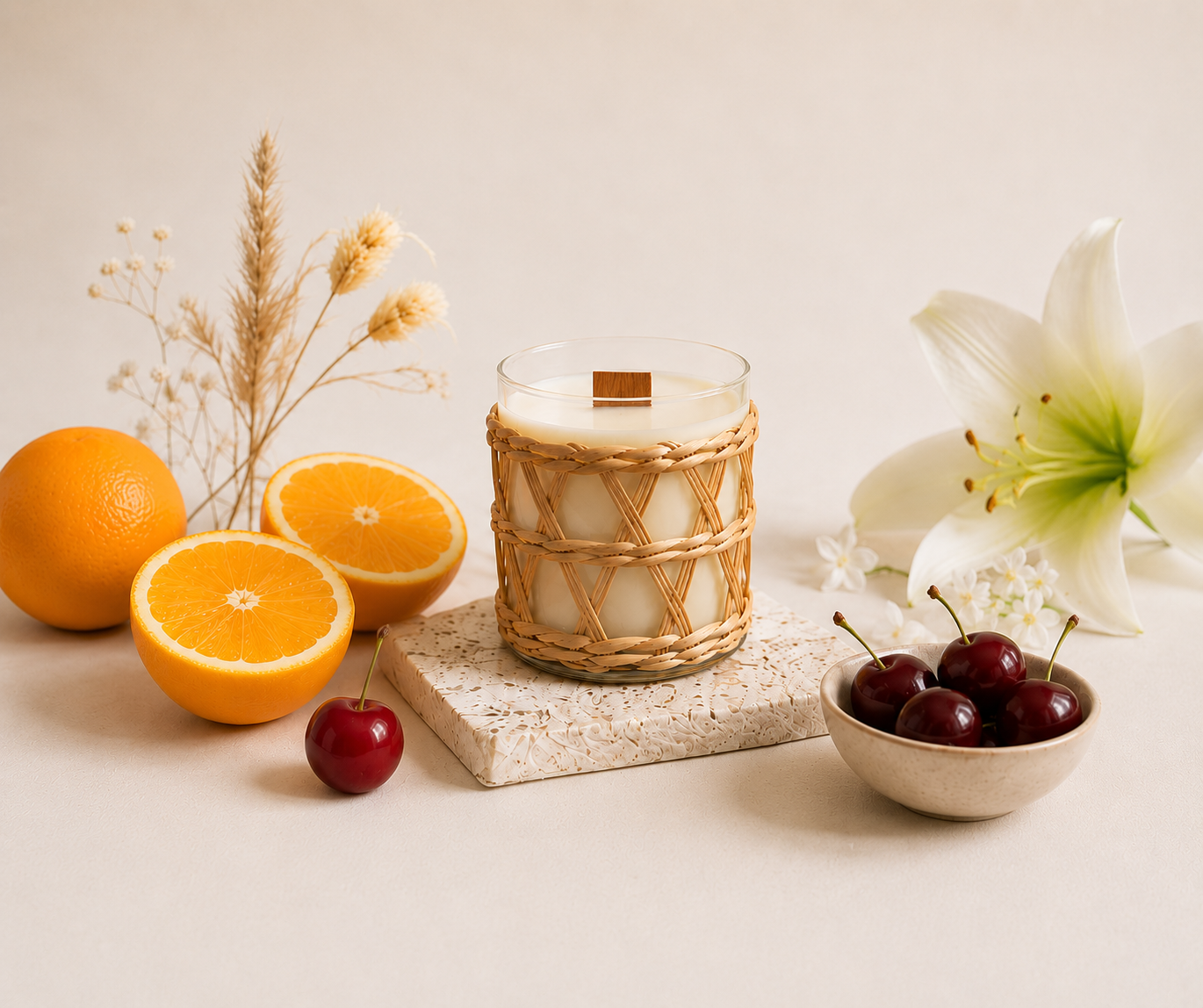 Whitsunday Wonder Candle in a class jar with a rattan weave overlay sitting on a table with oranges, cherries and matching floral blooms.