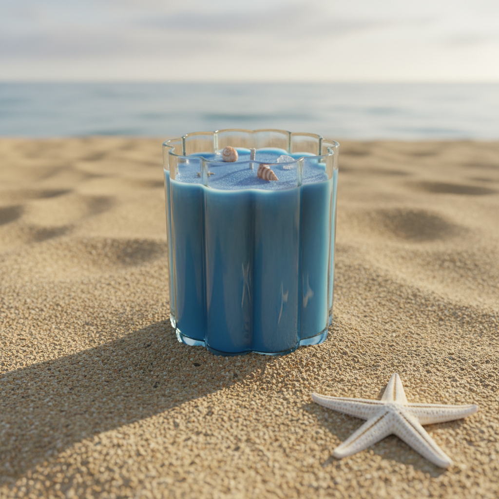 Blue candle in a glass holder on sand with a starfish nearby, beach setting