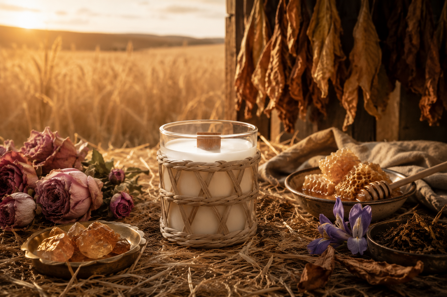 Candle in a textured glass holder with dried flowers, herbs, and a field in the background