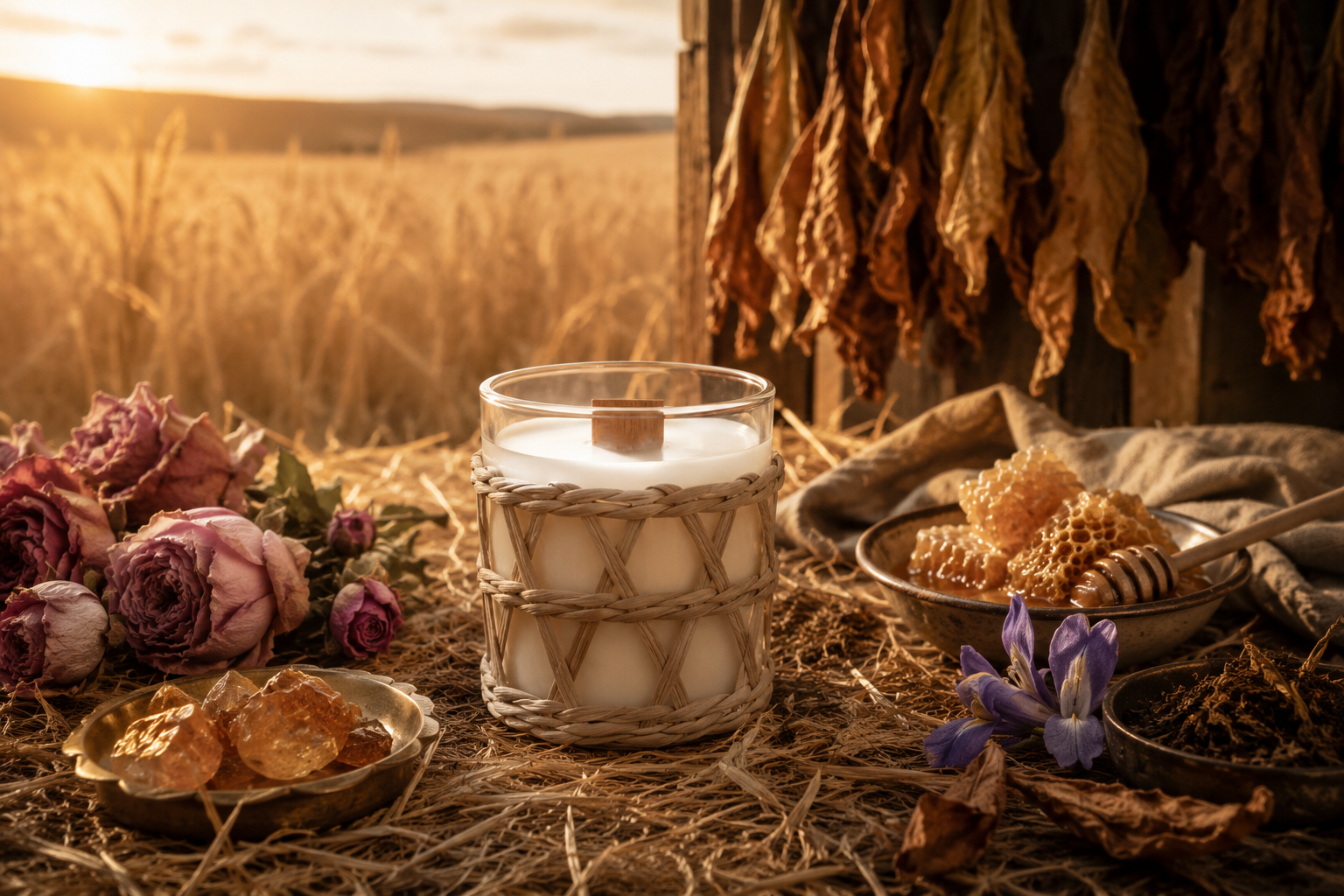 Candle in a textured glass holder with dried flowers, herbs, and a field in the background