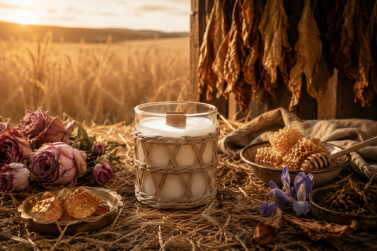 Candle in a textured glass holder with dried flowers, herbs, and a field in the background