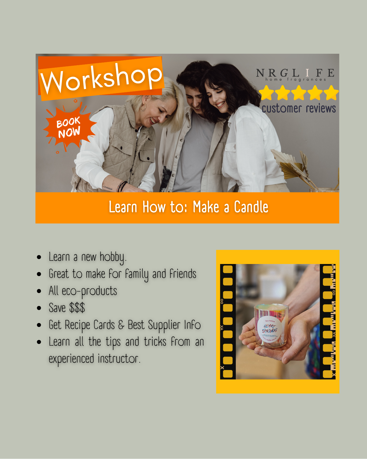 Advertisement for a workshop on making candles with NRGLIFE branding.