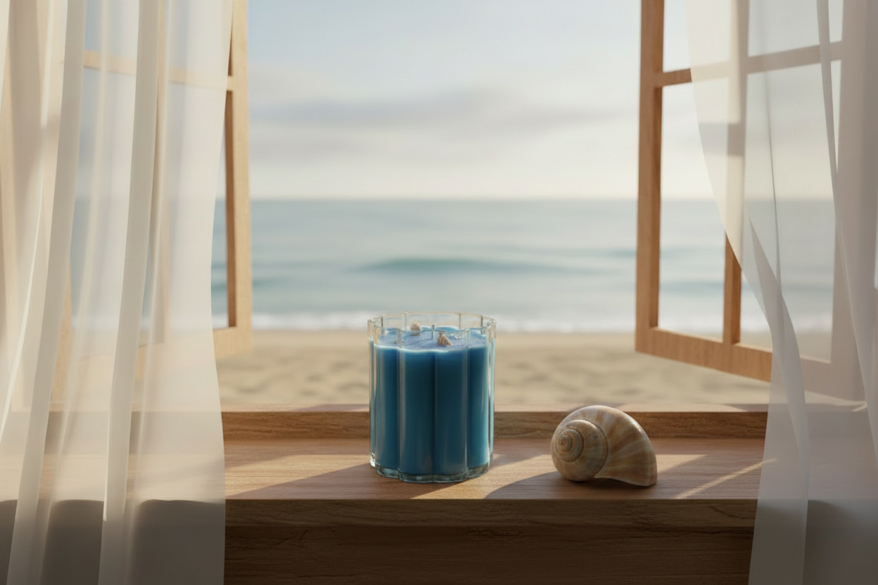Beach Blue Cloud Candle with Shell on Windowsill