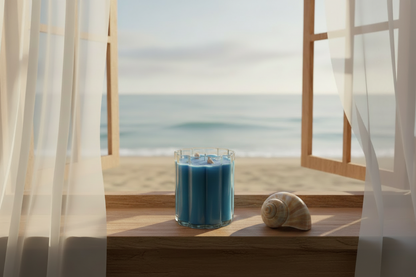Beach Blue Cloud Candle with Shell on Windowsill