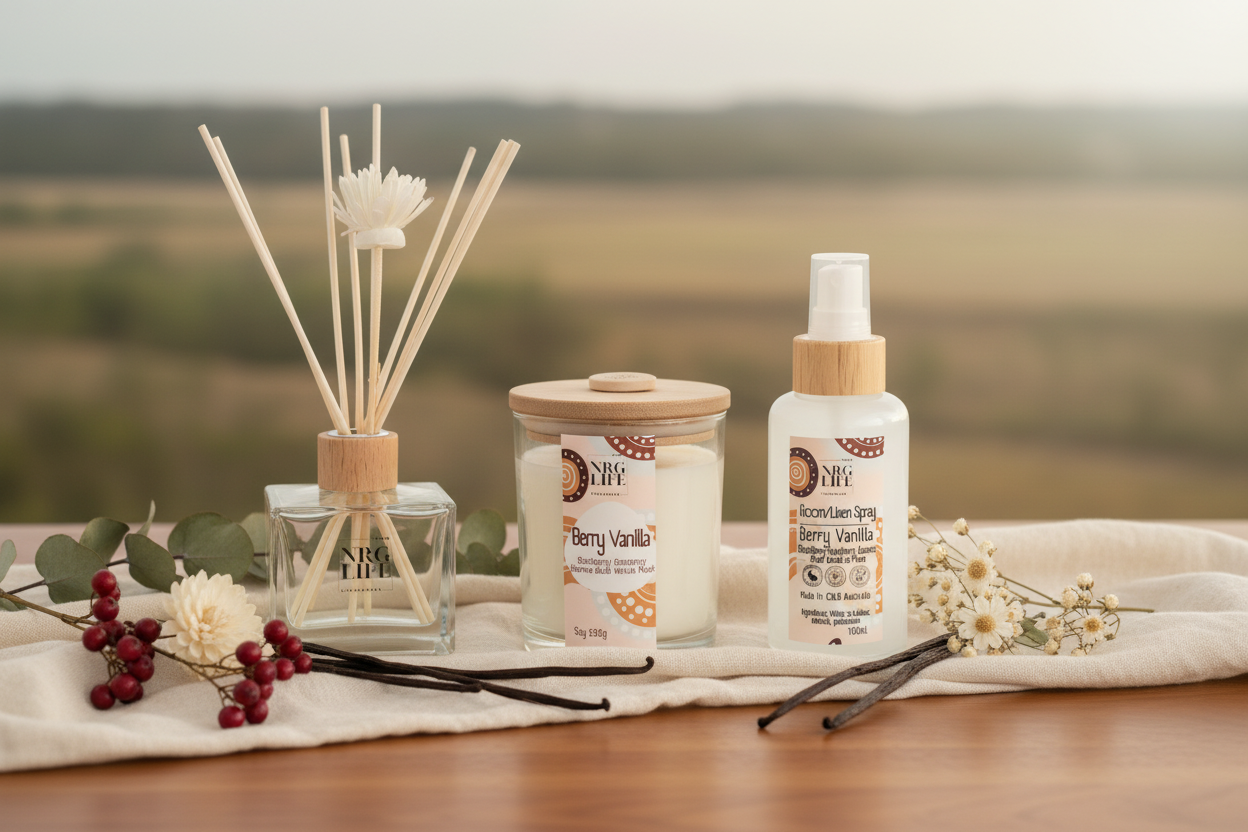 Set of vanilla-themed products including a Reed Diffuser, an Soy Coconut Candle, and a Room Linen Spray on a wooden surface with a blurred natural background.