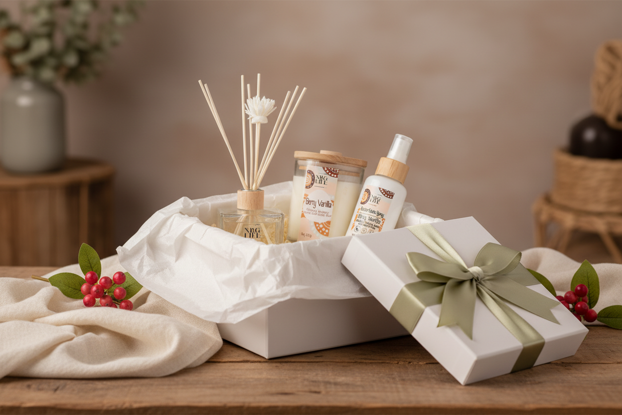 Gift basket with candles, diffuser & Room Spray in the scent Berry Vanilla placed on a wooden table.