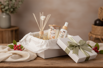 Gift basket with candles, diffuser & Room Spray in the scent Berry Vanilla placed on a wooden table.