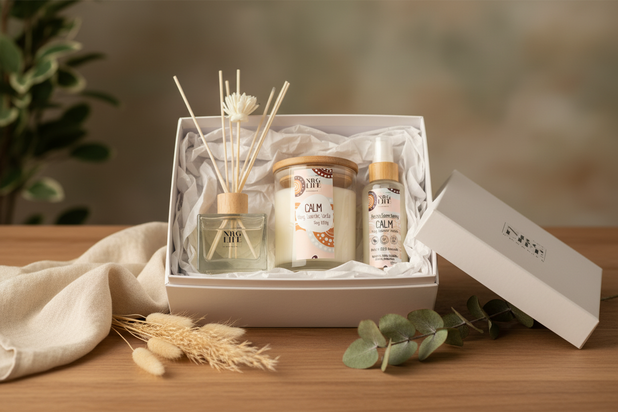 Set of wellness products including a Reed Diffuser, Soy Coconut Candle, and a Room Linen Spray in a white box on a wooden surface.