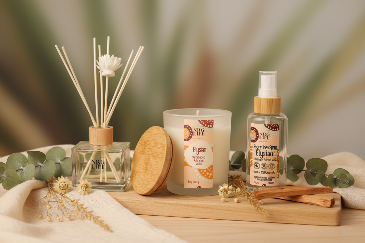 Aromatherapy products including a candle, diffuser, and room spray on a wooden board with a blurred green background in the scent called Elysian.