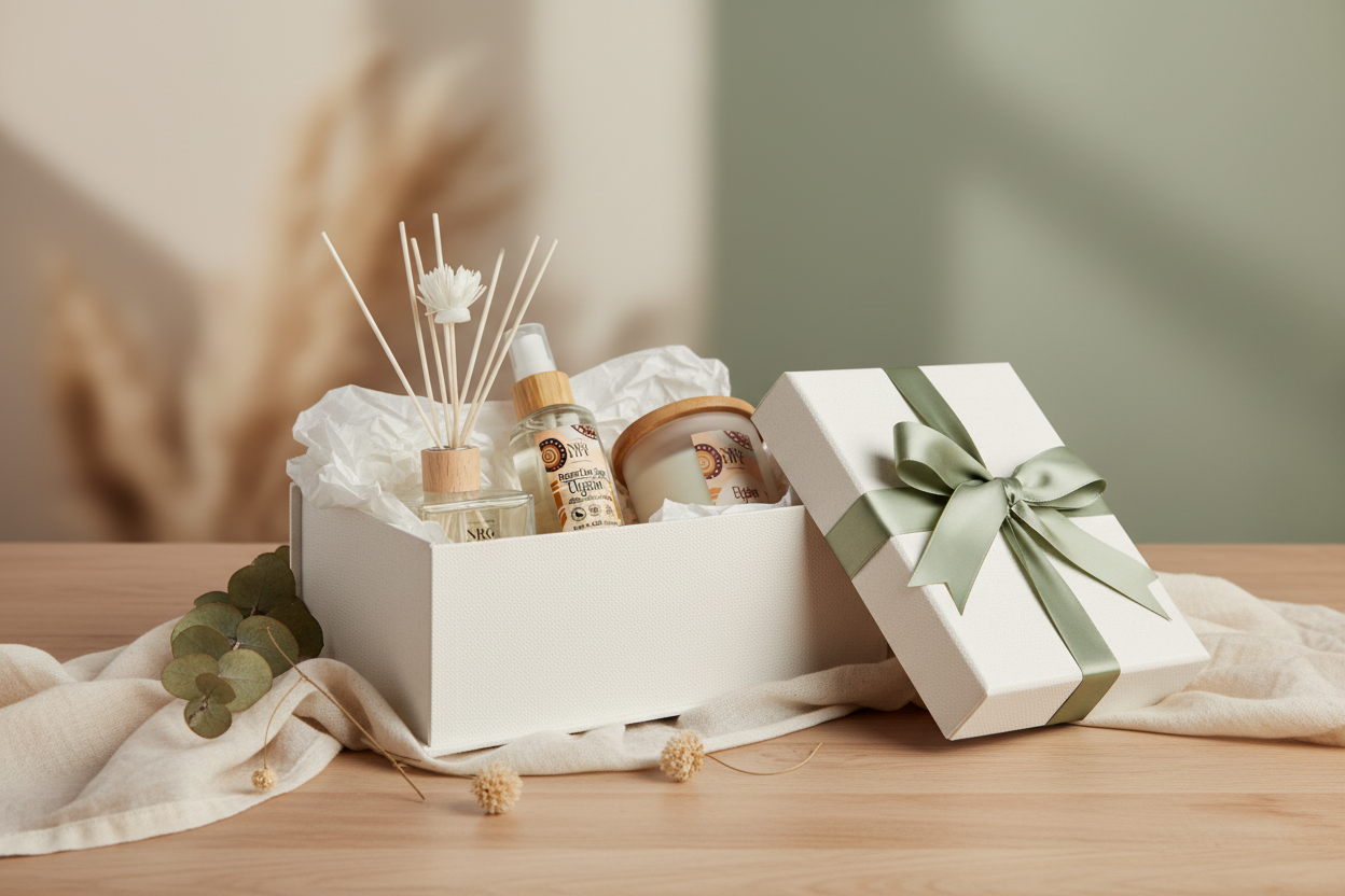 Gift basket with a diffuser, room spray and eco-candle on a wooden surface in the scent called Elysian.