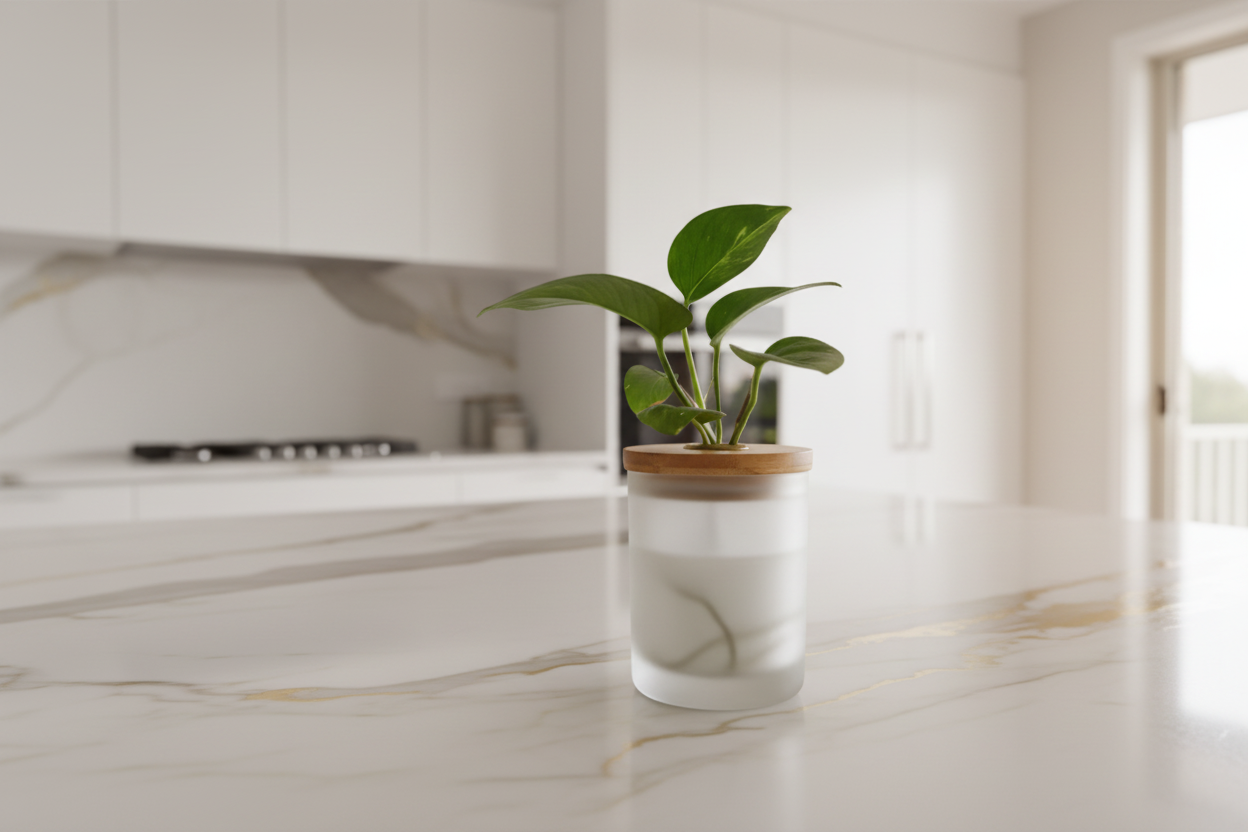 Frosted Water Plant Jar on Designer Kitchen Bench
