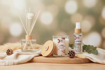 A collection of Diffuser, Candle, and Room Spray on a wooden surface with a blurred natural background