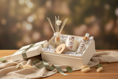 Gift set with Coconut Soy Candle, a Reed Diffuser, and a matching Room Spray in the scent called Goddess on a wooden surface with a blurred background