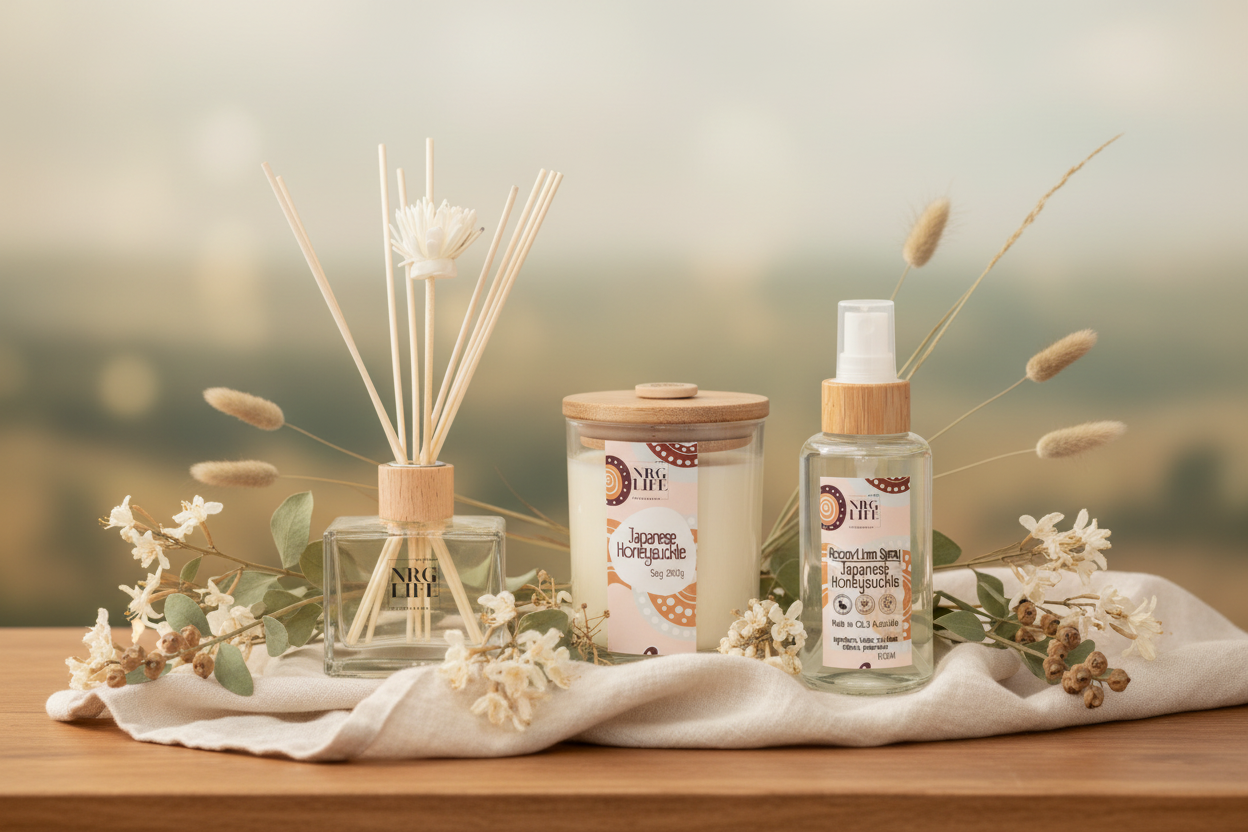 Aromatherapy products including a Japanese Honeysuckle Reed Diffuser, Candle, and a Room Linen Spray on a wooden surface with a blurred natural background.