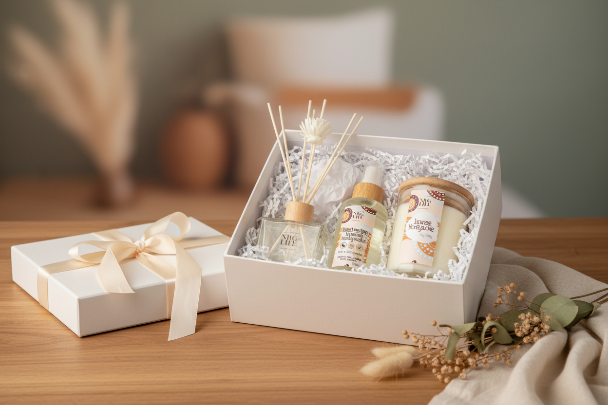 Japanese Honeysuckle Gift set with Diffuser, Candle, and Room Spray in a white box on a wooden surface.