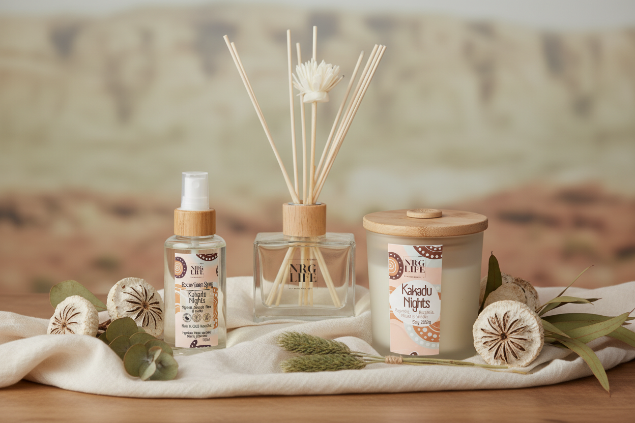 Aromatherapy products including a diffuser, room spray, and a candle in the scent Kakadu Nights on a wooden surface with a blurred natural background.