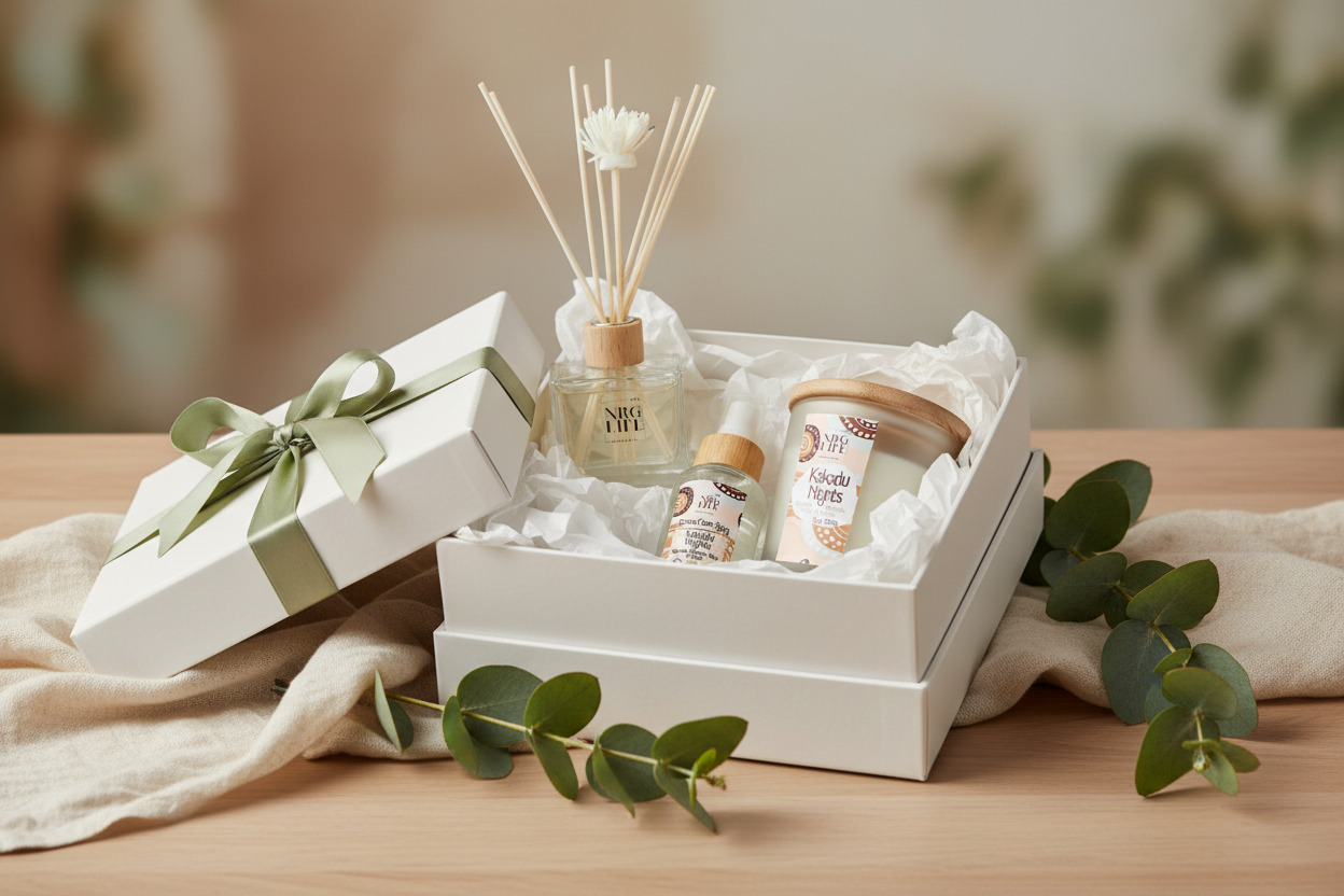 Kakadu Nights gift set with a Reed Diffuser, Eco-Candle, and a Room Spray  on a wooden surface.