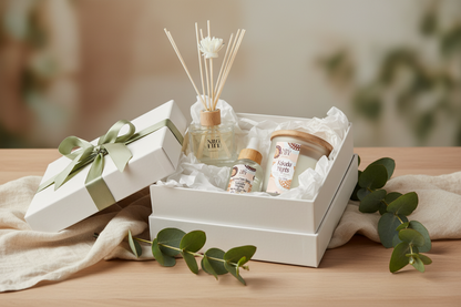 Kakadu Nights gift set with a Reed Diffuser, Eco-Candle, and a Room Spray  on a wooden surface.