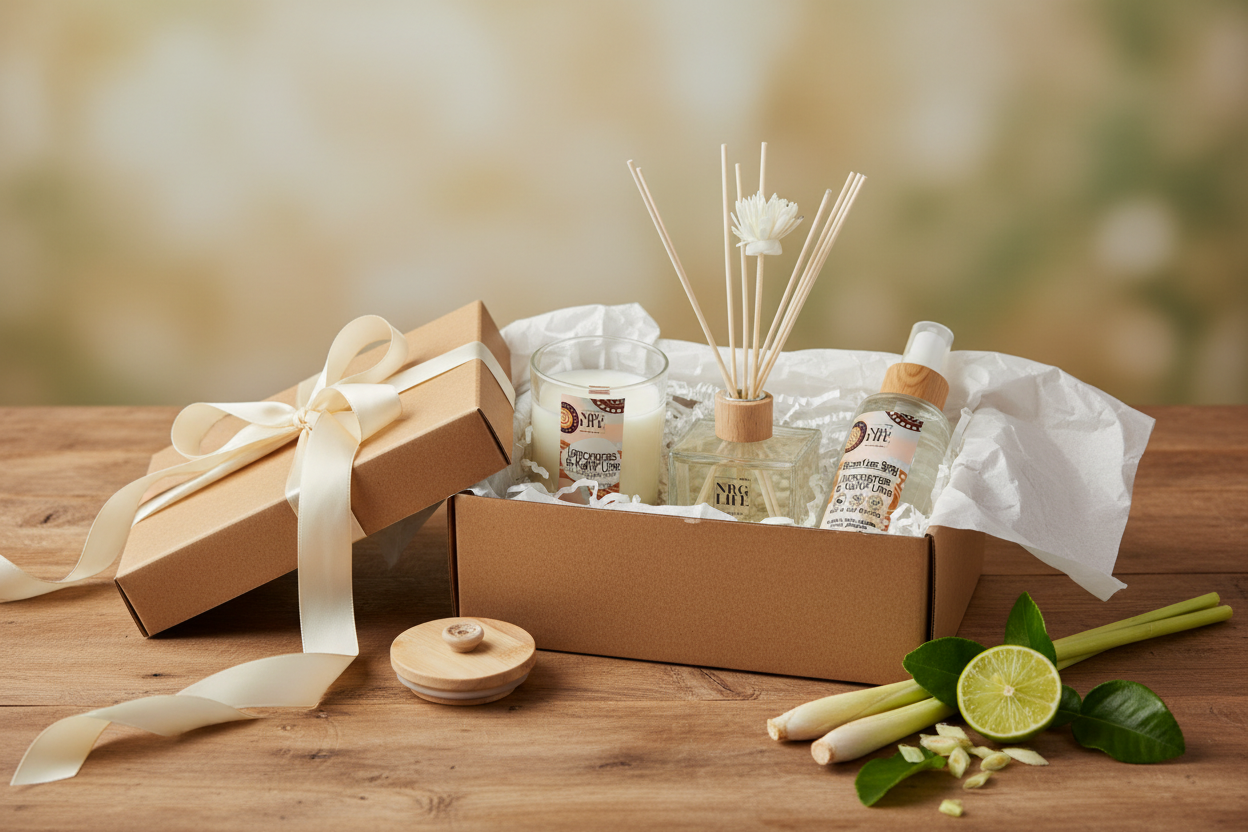 Lemongrass & Kaffir Lime gift box with candles, diffuser, and room spray on a wooden surface