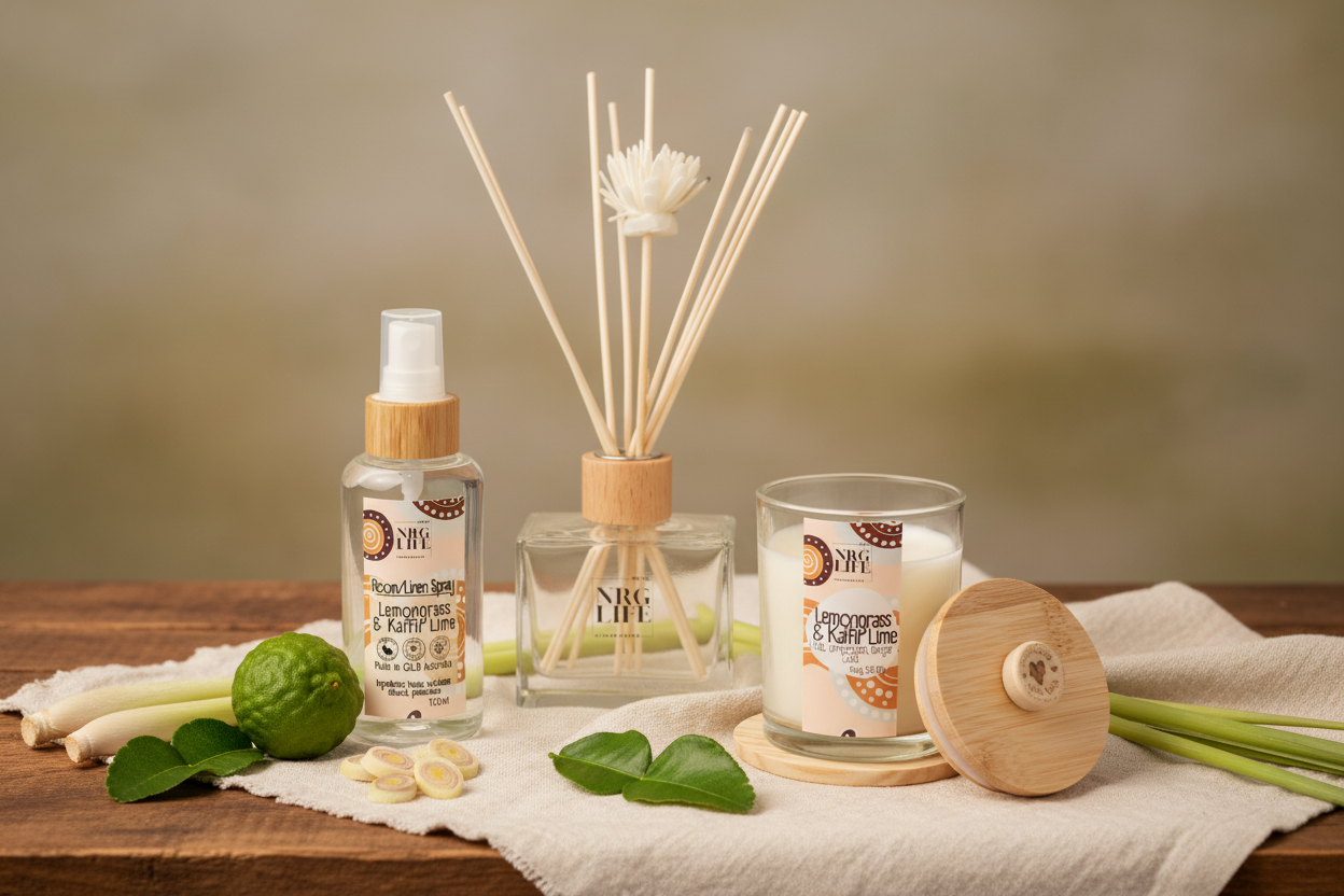 Aromatherapy diffuser, candle, and room linen spray in the fresh scent of Lemongrass & Kaffir Lime on a wooden surface with a neutral background