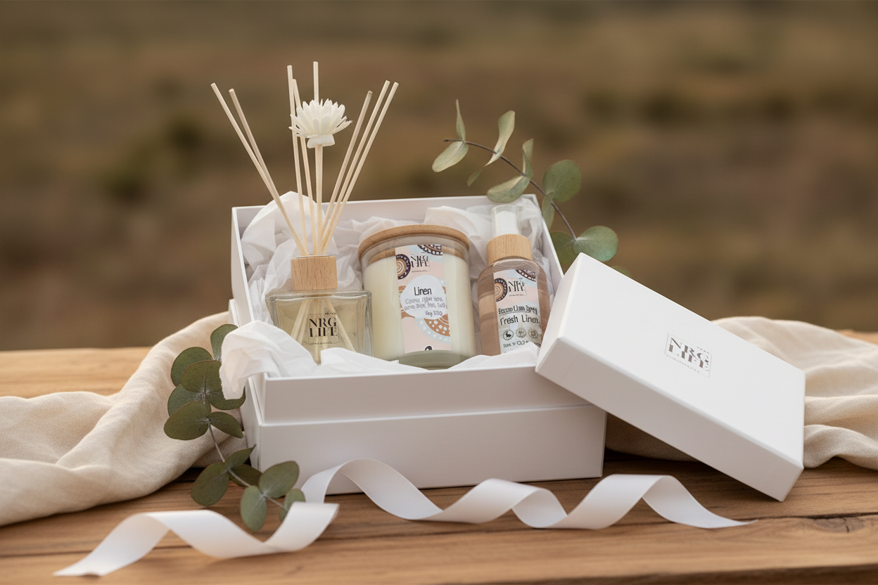 Gift set with candles, diffuser, and room linen spray in a white box on a wooden surface in the crisp scent called Linen.