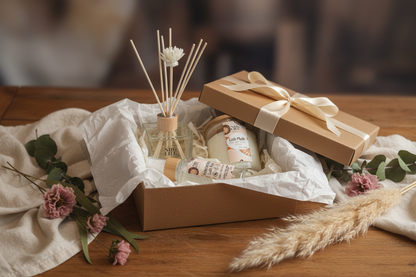 Gift box with with Lush Musk Candle, Reed Diffuser and Room Spray on a wooden surface